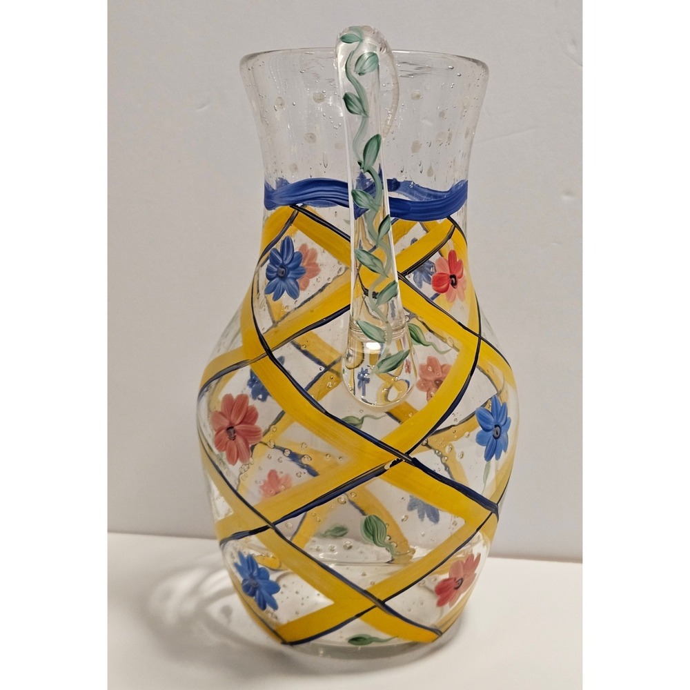 Glass Pitcher Yellow Floral Lattice Design 11" Vintage Hand Blown Painted - Picture 4 of 9
